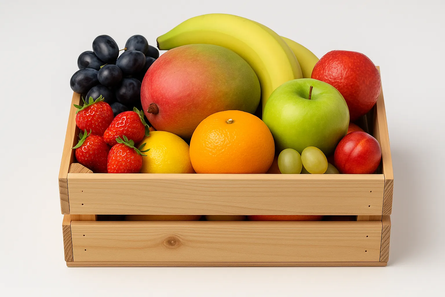Wooden crate of mangoes and fresh fruit